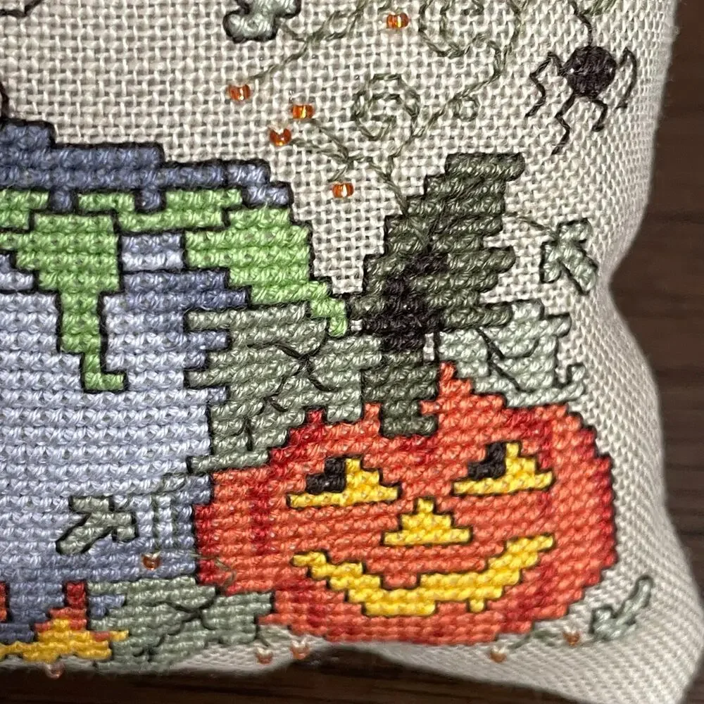 Halloween Cross Stitch Pillow Door Hanger Skeleton Trick or Treat Hanging Spider